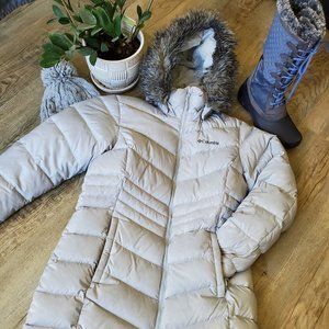 Long Light Grey Columbia Down Parka w/ Fur Hood M